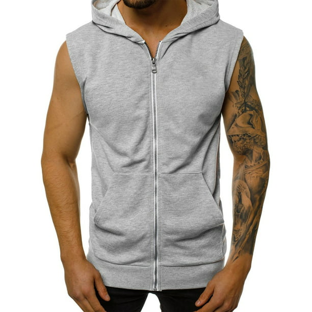 SELX Men Zipper Drawstring Pocket Hooded Vest 